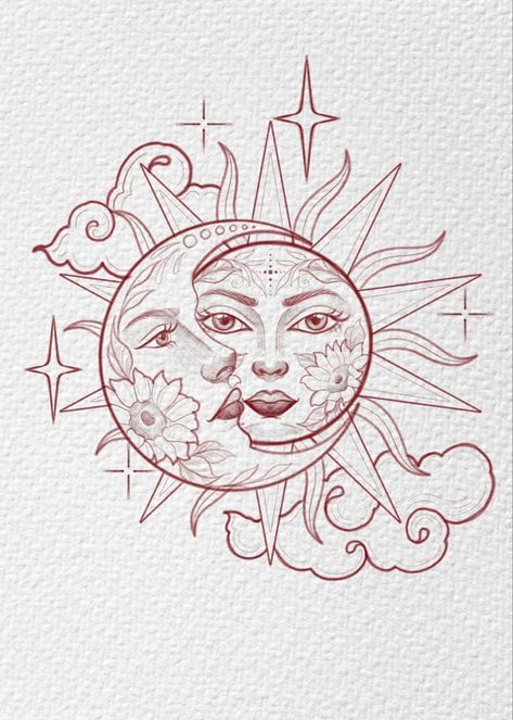 Sun And Moon Tattoo Women, Sun And Moon Tattoo Shaded, Unique Sun And Moon Tattoo Ideas, Sun And Moon Drawing Aesthetic, Sun Moon Drawing, Traditional Sun And Moon Tattoo, Sun And Moon Tattoo Stencil, Linework Sun And Moon Tattoo, Moon And Sun Drawing