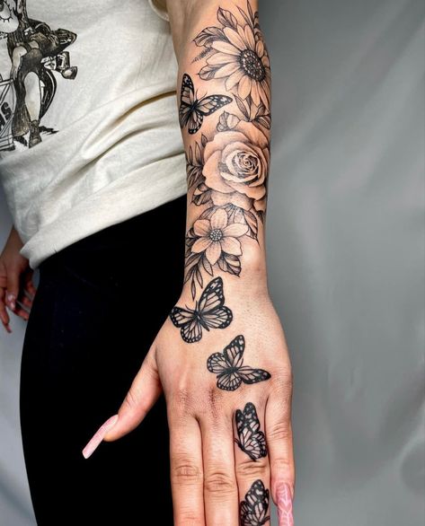 Hand Tattoo Cover Up, Butterfly Sleeve Tattoo, Butterfly Tattoos On Arm, Dragon Tattoo Ideas, Half Sleeve Tattoos Forearm, Butterfly Hand Tattoo, Arm Sleeve Tattoos For Women, Realistic Tattoo Sleeve, Hand Tattoos For Girls