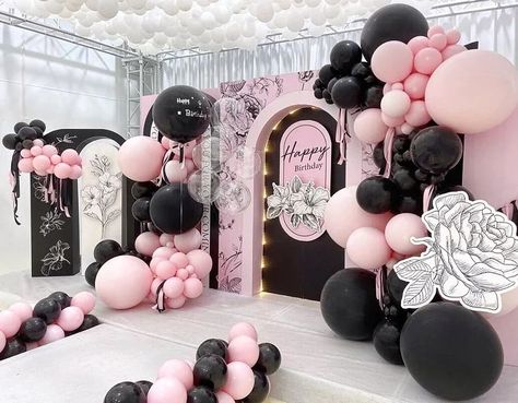 https://www.instagram.com/p/CaIBC8mIofC/?utm_medium=share_sheet Black Balloon Garland, Chanel Bridal Shower, Black Party Decorations, Black Balloon, Pink Birthday Party, Balloon Kit, Black Balloons, Party Background, White Balloons