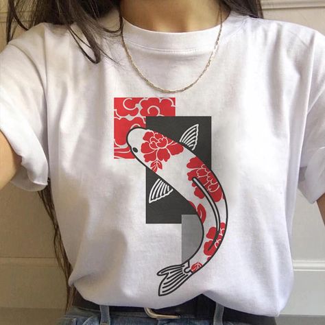 Japan Koi Fish, Female T Shirt, Mode Harajuku, Harajuku Aesthetic, Fish Graphic, Japanese Harajuku, Fashion White, Harajuku Streetwear, Short T Shirt