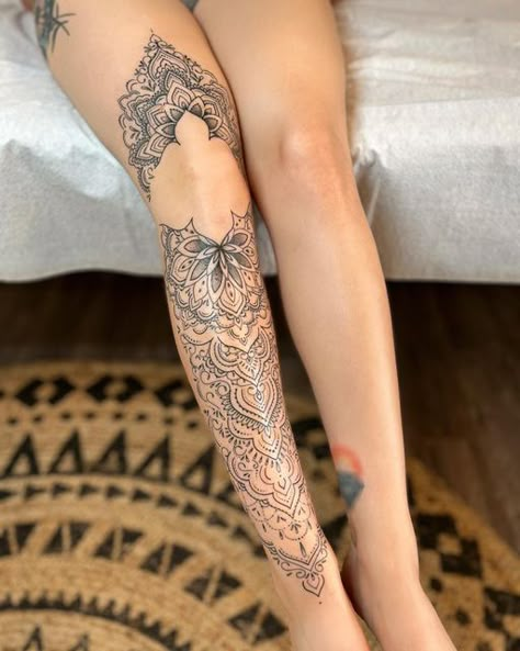 Delicate Leg Tattoos For Women, Mandala Knee Tattoos Women, Below Knee Tattoo Women, Mandala Leg Tattoo, Thigh Piece Tattoos, Mandala Tattoos For Women, Polynesian Tattoos Women, Lower Leg Tattoos, Shin Tattoo