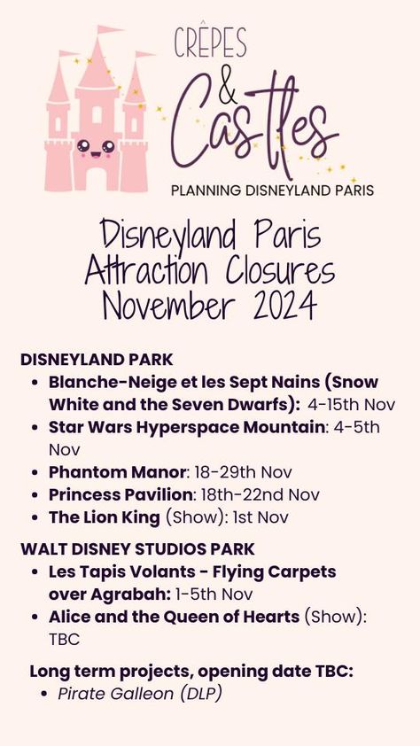 Disneyland Paris Refurbishment Schedule - Crepes and Castles - Planning Disneyland Paris Disneyland Paris Tips, Disneyland Paris Attractions, Lion King Show, Frozen Musical, Castle Plans, Paris Tips, Disney Paris, Disneyland (paris), Flying Carpet