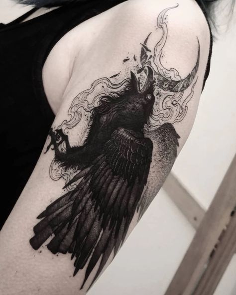 Crow Japanese Tattoo, Gothic Crow Tattoo, Raven Tattoo Sleeve, Flying Crow Tattoo, Crow Tattoo Ideas, Friday Tattoo, Bday Tattoo, Buffalo Tattoo, Dark Tattoos