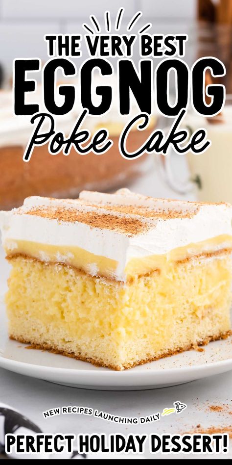 Add our rich and creamy eggnog poke cake to your holiday dessert menu, and we guarantee you won’t regret it. Eggnog Poke Cake, Eggnog Desserts, Eggnog Cake Recipe, Eggnog Pudding, Eggnog Pie, Eggnog Bread, Eggnog Dessert, Eggnog Recipes, Eggnog Cake