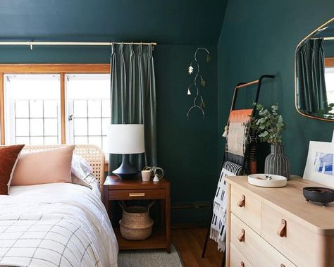 Casual Friday + Blogs are Dead - Chris Loves Julia Colorful Scandinavian Bedroom, Green Bedroom Walls, Dark Green Walls, Dark Bedroom, Vintage Dining Room, Green Curtains, Emily Henderson, Primary Bedroom, Bedroom Dressers