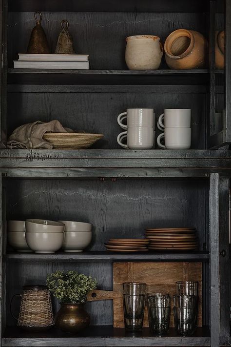 Arizona Farmhouse, Pantry Aesthetic, Casita Kitchen, Modern Spanish Kitchen, Modern Spanish Decor, Spanish Revival Kitchen, Cabinet Styling, Hutch Styling, Modern Nest