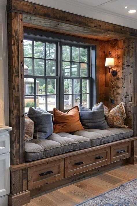 Windows Seating, Cabin Library, Window Seat Design, Cabin Interior Design, Barn Style House, Rustic Living, Dream House Interior, Cabin Homes, Breakfast Nook