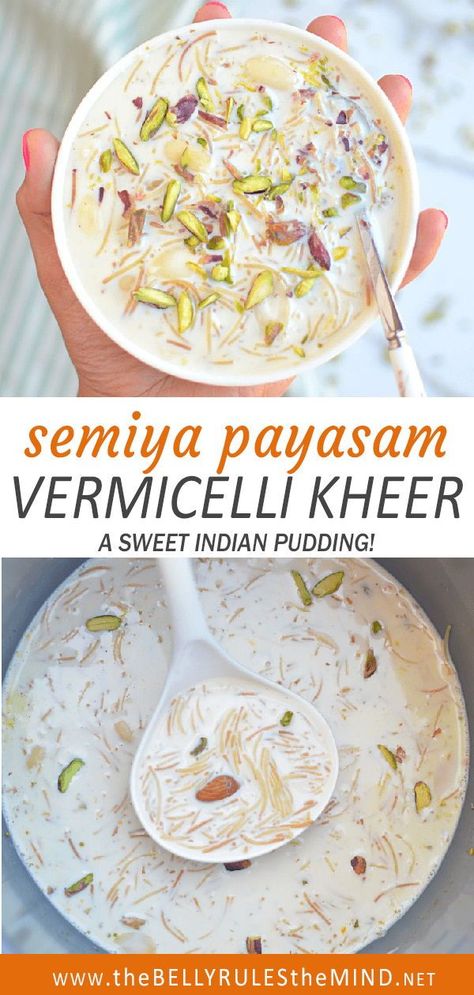 Semiya Payasam / Sheer Khurma / Vermicelli Kheer is a traditional Indian dessert. It is rich, delicate, creamy, and delicious! Served cold or chilled, you will not be disappointed either way. #dessert #vegetarian #pudding #treats Vermicelli Recipes Indian, Indian Kheer Recipes, Vermicelli Pudding, Indian Vermicelli Dessert, Instant Pot Kheer Recipe, Instant Pot Kheer, Seviyan Kheer, Vermicelli Kheer Recipe, Sheer Khurma