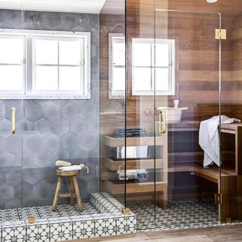 A chic shower sauna combination? We’ll take it! Photo by @chadmellon. Shower Sauna Combo, Sauna Bathroom Ideas, Sauna Bathroom Design, Shower Sauna, Diy Sauna, Sauna Shower, Sauna Diy, Sauna Design, Rustic Bathrooms