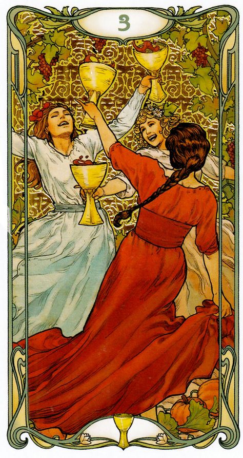 3 Of Cups, Three Of Cups, Best Tarot Decks, Art Nouveau Desk, Cups Tarot, Golden Art, Online Tarot, Tarot Cards Art, Rider Waite