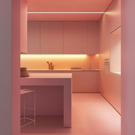 Pink Kitchen Ideas Bedrooms Pink, Pink Kitchen Ideas, Pink Kitchens, Pink Cabinets, Teen Bedrooms, Minimalist Kitchen Design, Retro Wall Clock, Pink Color Schemes, Pink Paint