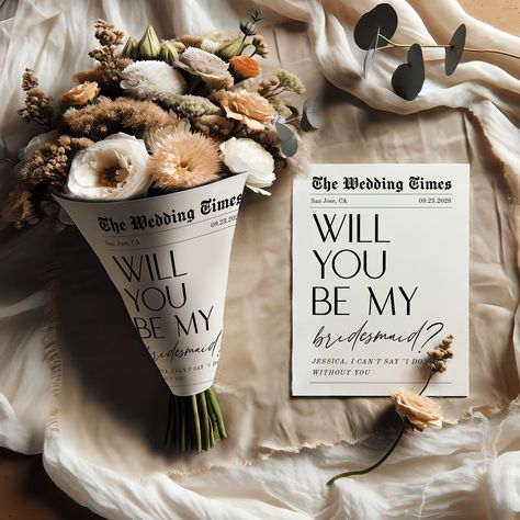 Newspaper Bridesmaid Proposal Bouquet, Bridesmaid Newspaper Flower, Newspaper Bridesmaid Proposal Card, Bridesmaid Newspaper Template #f48 Newspaper Bouquet Wrap, Book Themed Bridesmaid Proposal, Chic Bridesmaid Proposal, Flower Newspaper, Proposal Bouquet, Newspaper Flowers, Moh Duties, Newspaper Wedding, Font Background