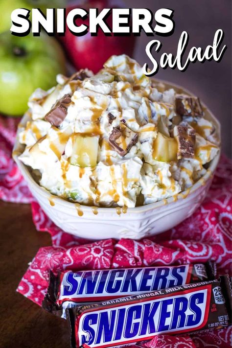 Easy Potluck Desserts, Caramel Apple Dessert, Snickers Caramel Apple Salad, Fluff Recipes, Fluff Salads, Snickers Dessert, Dessert Salad Recipes, Sweet Salads, Caramel Apple Salad