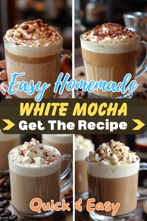 Looking for coffee ideas? This easy White Mocha recipe is perfect for your next coffee treat! Try this homemade White Mocha for a delicious twist on your favorite coffee recipes. With simple steps, it's one of the best White Mocha recipes out there. Save for later and enjoy a cozy coffee moment at home! #coffeeideas #coffeerecipes #whitemocharecipes #homemadewhitemocha #easywhitemocharecipe White Mocha Creamer Recipe, How To Make A White Chocolate Mocha, Homemade White Mocha, White Chocolate Mocha Coffee Recipe, White Chocolate Coffee Recipe, Pumpkin Milkshake Recipe, White Chocolate Mocha At Home, White Mocha Recipe, Specialty Coffee Recipes