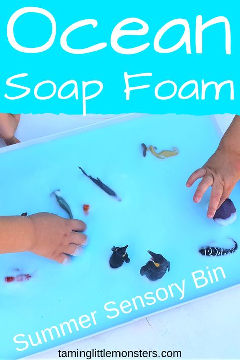 Learn how to make ocean soap foam for your next summer sensory bin. Toddlers and preschoolers will love playing with all the bubbles in this fun and easy play activity for kids.  #sensory #summer #toddler #preschooler Sea Activities, Bubble Fun, Ocean Activities, Summer Fun For Kids, Sensory Activities Toddlers, Easy Science Experiments, Kids Sensory, Play Based Learning, Summer Activities For Kids