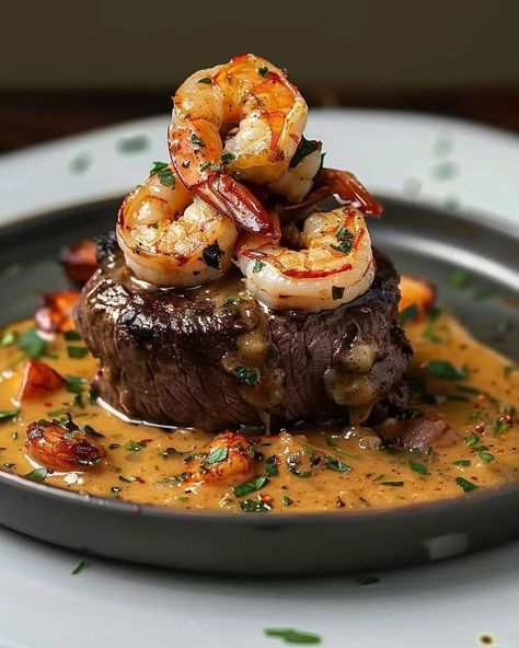 Steak Gourmet, Lobster Sauce, Gourmet Food Plating, Steak And Shrimp, Surf And Turf, Steak Dinner, Food Obsession, Shrimp Recipes, Finger Food