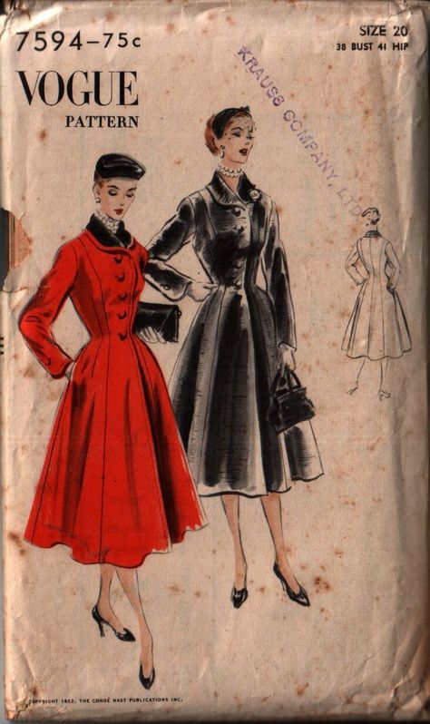 Vogue 7594 | Vintage Sewing Patterns | Fandom Vintage Dress Patterns, Vogue Sewing, Vogue Pattern, Vogue Patterns, Coat Patterns, Fashion Sewing Pattern, Old Fashion, Moda Vintage, Vintage Vogue