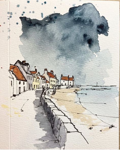 Pen Ink Watercolor, Watercolor Urban Sketching, Watercolor Ocean Painting, Watercolor Architecture Sketches, Watercolour And Pen Art, Pen And Wash Watercolour, Watercolour House Painting, Pen And Ink Landscape, Watercolour Drawings