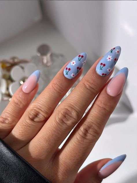 Cherry And Flower Nails, Nails Fruit Design, Colombian Nails, Summer Nails Cherry, Nails Verano, Pink Floral Nails, Blueberry Nails, Nail Art Fruit, Long Oval Nails