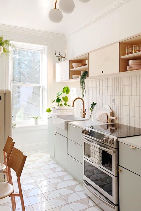 The Trask Collection brings a fresh look to any kitchen. Seen looking bright and clean 
in this 📸 by @reserve_home on Instagram. 2 X 5 Kitchen, Small Boho Living Room Ideas Vintage, Colored Subway Tile Kitchen, Clean Boho Decor, Small Colourful Apartment, Full Kitchen Ideas, Boho Mid Century Modern Kitchen, Terrazo Kitchen Flooring, Minimal Boho Kitchen