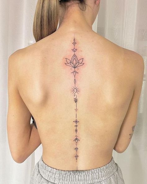 Lotus Flower Spine Tattoos For Women, Lotus Back Tattoo Women, Cute Back Tattoos For Women Spine, Lotus Spine Tattoos For Women, Back Lotus Tattoo, Back Tattoo Lotus, Lotus Flower Tattoo Back Spine, Lotus Flower Tattoo Back, Lotus Flower Spine Tattoo