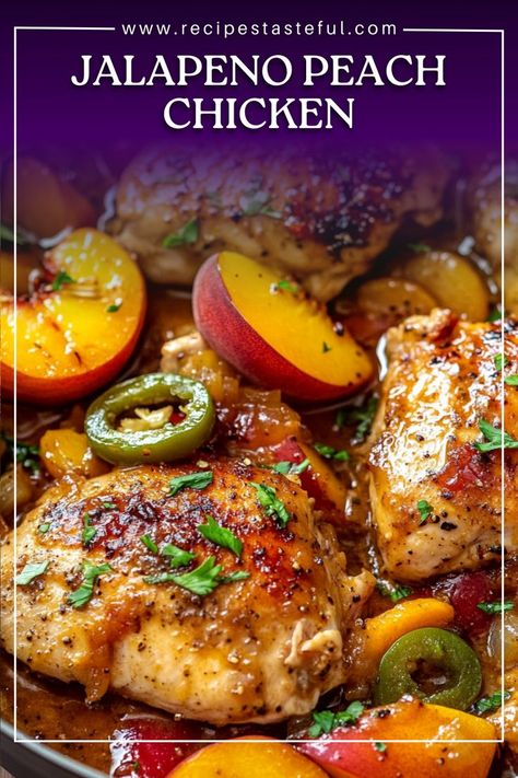 This Jalapeno Peach Chicken features succulent chicken thighs cooked to perfection, paired with a sweet and spicy peach glaze and fresh jalapeños. It's a unique and delicious dish that combines the warmth of summer peaches with a kick of heat, perfect for any weeknight dinner or special occasion. Jalapeño Peach Chicken, Peach Glaze, Peach Chicken, Jalapeno Chicken, Glazed Chicken, Chicken Dishes Recipes, Sweet And Spicy, Chicken Thighs, Weeknight Dinner