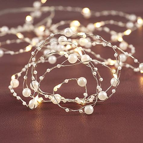 Minimalist Vintage Wedding, Pearls Wedding Theme, Festival Of Tables, Battery Operated Christmas Lights, Pearl Bridal Shower, Pearl Garland, Wedding Room Decorations, Wire String Lights, Christmas Moodboard