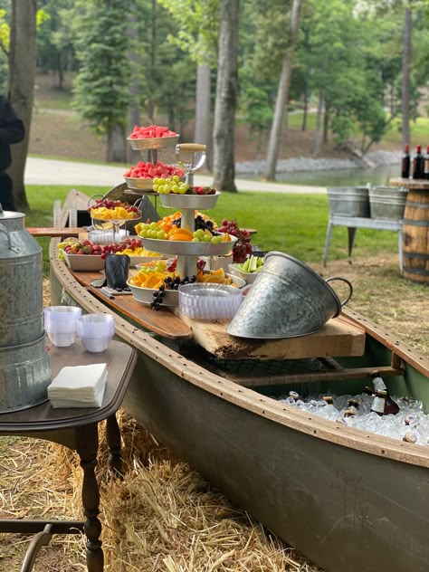 Lakeside Birthday Party Ideas, Canoe Beverage Holder Wedding, Canoe Beer Wedding, Canoe Ice Cooler Wedding, Beer Boat Wedding Canoe Cooler, Canoe Bar Wedding, Dock Decorations For Wedding, River Theme Wedding, Drink Canoe Wedding