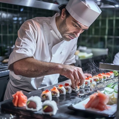 Chef Prepares Sushi: A skilled sushi chef meticulously arranges fresh sushi pieces on a plate in a professional kitchen. #chef #sushi #cooking #kitchen #restaurant #aiart #aiphoto #stockcake ⬇️ Download and 📝 Prompt 👉 https://stockcake.com/i/chef-prepares-sushi_378303_136287 Cooking Sushi, Sushi Platter, Man Cooking, Sushi Chef, Sushi Restaurants, Japanese Dishes, Professional Kitchen, Culinary Recipes, Japanese Restaurant