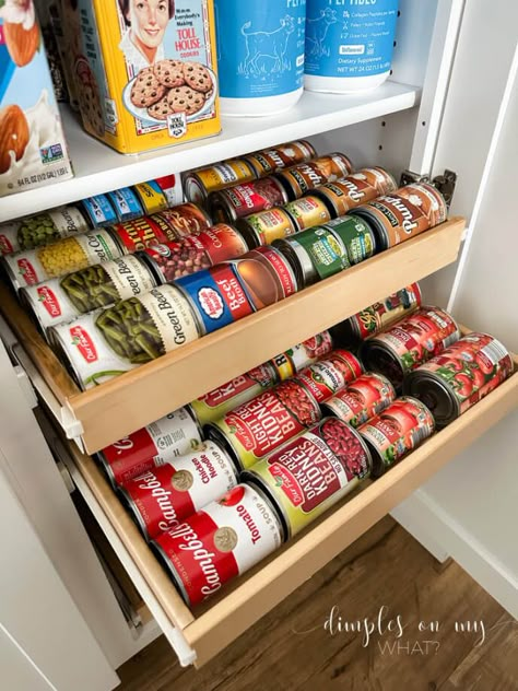 Kitchen Pull Out Pantry Organization, Roll Out Pantry Shelves, Cabinet Shelving Ideas, Pantry With Slide Out Shelves, Under Counter Pantry Storage Ideas, Pantry Drawer Storage, Small Pantry With Drawers, Pull Out Drawer Pantry Organization, Pull Out Can Storage