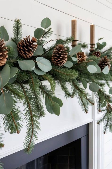 Everyday Garland For Mantle, No Mantle Christmas Decor, Mantle Garland Everyday, Greenery On Mantle, Rustic Christmas Mantle Decor, Rustic Christmas Mantle, Farmhouse Christmas Living Room, Cozy Farmhouse Christmas, Mantle Christmas