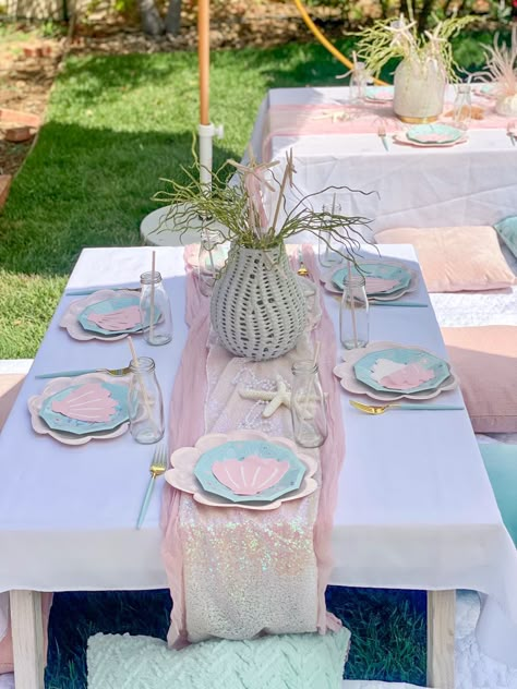 Mermaid Brunch Birthday Party, Mermaid Winter Birthday Party, Mermaid Backyard Party, Mermaid Third Birthday Party, Pastel Beach Party, Mermaid Party Adult, Shellebrate First Birthday, Mermaid Party Aesthetic, Under The Sea Adult Party