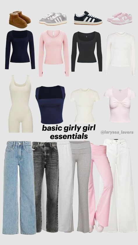 Basic Outfit With Accessories, It Girl Wardrobe, Basic Outfit Essentials, Basic Clothes Every Girl Should Have, Basic Girl Essentials, Cute Everyday Outfits Girly, Teen Girl Capsule Wardrobe, Clothes Every Girl Should Have, Cute Fits With Jeans