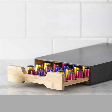 Bamboo Coffee Machine Board With Capsule Drawer Lavazza Coffee Machine, Coffee Pods Drawer, Nespresso Coffee Pods, Dispenser Diy, Nespresso Coffee Capsules, Pod Storage, Nespresso Pods, Nespresso Coffee, Sparkle Gift