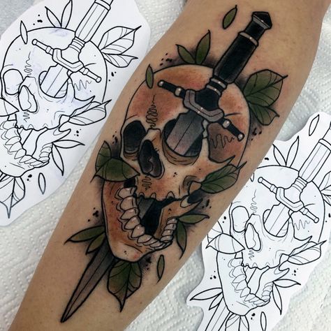 Knife Through Skull Tattoo, Cheeky Tattoos, Skull Dagger Tattoo, Skull And Dagger Tattoo, Skull Throne, Thigh Tattoo Men, Tarot Tattoo, Half Skull, Knife Tattoo