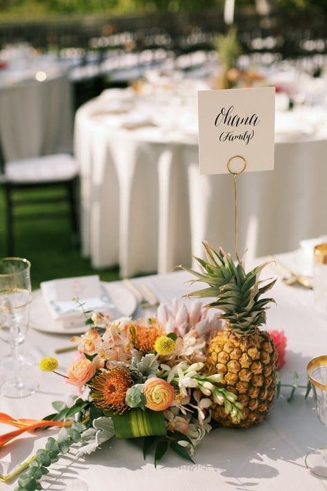 Totally Tropical Wedding In Maui - Love & Lavender Havana Nights Party Theme, Princeville Kauai, Pineapple Centerpiece, Design Gown, Tropical Centerpieces, Beach Wedding Tables, Shoes Louboutin, Tropical Weddings, Pineapple Wedding