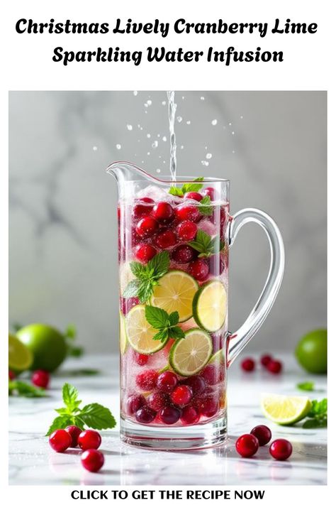 Lively cranberry lime sparkling water infusion, a bubbly drink that adds a festive flair to any occasion. Pear Infused Water, Water With Cranberries, Infused Sparkling Water Recipes, Infused Water For Party, Flavored Water For Parties, Cranberry Infused Water, Holiday Infused Water, Infused Water For Christmas Party, Healthy Sparkling Water Drinks