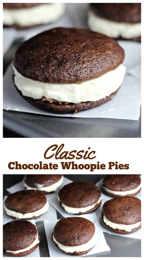 Classic Chocolate Whoopie pies are the ultimate treat!  Whoopie pies are delicious, whipped vanilla marshmallow frosting sandwiched between two decadent chocolate cookie cakes made with Dutch cocoa, with just the right touch of sweetness. These habit-forming pies will definitely make you shout, "Whoopie!" #whoopiepies #chocolatewhoopiepies #chocolatecookiepies #vanillamarshmallowfrosting #amishwhoopiepies #mainewhoopiepies Cake Mix Whoopie Pies, Maine Whoopie Pies, Whoopee Pie, Whoopie Pie Filling, Whoopie Pie Recipe, Chocolate Whoopie Pies, Dutch Cocoa, Pie Filling Recipes, Marshmallow Frosting