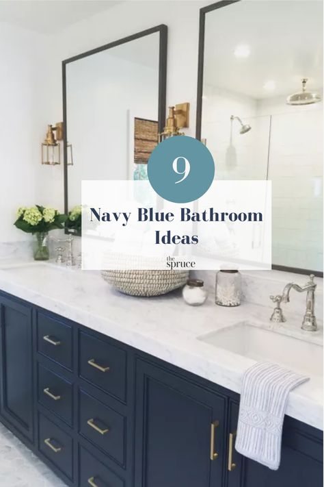 Wallpaper Blue Bathroom, Navy Blue Bathroom Inspiration, Navy Blue Master Bath Cabinets, Small Bathroom Ideas Blue Vanity, Blue Grey Black Bathroom, Gray And Navy Bathroom Ideas, Master Bath With Navy Vanity, Navy Blue Bathroom Cabinet, Navy Blue Vanity Powder Room