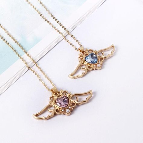 Kawaii Necklace, Fashion Angels, Crystal Heart Necklace, Angel Wing Necklace, Moon Bracelet, Angel Heart, Blue Angel, Kawaii Jewelry, Wing Necklace