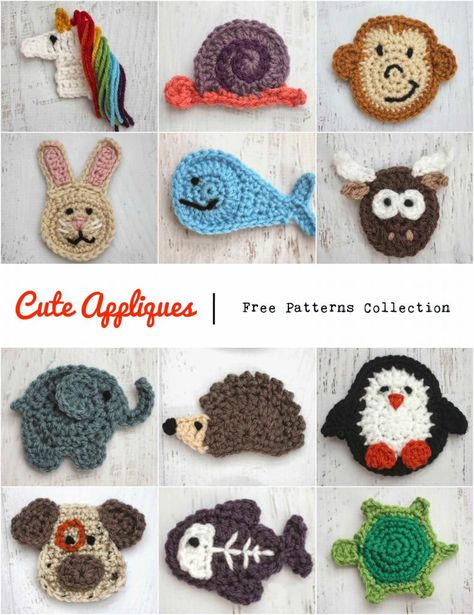 Cute Appliques Collection - Pretty Ideas Crochet Flat Animals Free Pattern, Kawaii Crochet Applique, Rainbow Crochet Free Pattern, Flat Crochet Animals, Crochet Appliques Free Pattern, Crochet Applique Patterns Free Animal, Free Crochet Applique Patterns, Crochet Animal Applique, Applique Patterns Free