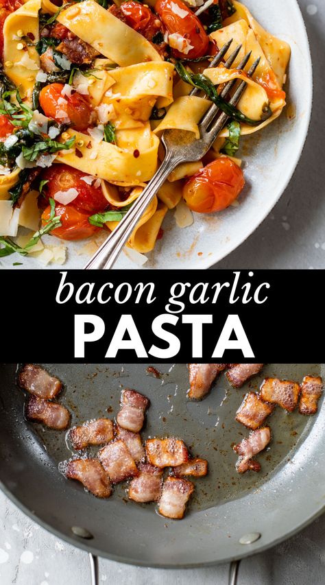 Impress your date with this rich and savory Garlic Tomato Pasta. Made with 7 simple ingredients, the bites of juicy tomatoes, bacon, and fresh basil are satisfying and don’t lack any flavor. Pasta With Fresh Tomatoes And Garlic, Pasta With Roasted Tomatoes And Garlic, Tomato Basil Garlic Pasta, Tomato Garlic Confit Pasta, Bacon Tomato Pasta, Pizza Pasta Recipe, Baked Tomatoes, Bacon Pasta, Bacon Tomato