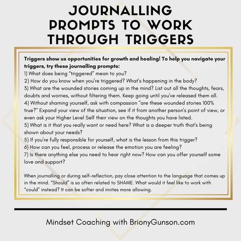 Journalling prompts to work through emotional triggers Recognizing Your Triggers, Triggers Journal Prompts, Healing From Triggers, Working Through Triggers, How To Control Emotional Triggers, How To Work Through A Trigger, How To Identify Emotional Triggers, Trigger Journal Prompts, Journal Prompts For Triggers