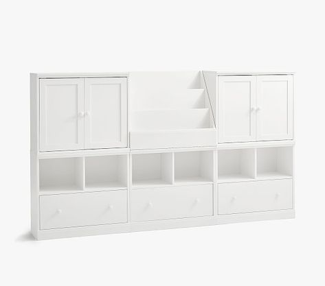 Cameron 2 Bookcase Cubby, 1 Cabinet, 3 Cubby Drawer Base, Simply White, In-Home Delivery | Pottery Barn Kids Cameron Wall System, Cubby Wall, Study Spaces, Wall Storage Systems, Big Kids Room, Activity Room, Simply White, Wall Systems, Baby Registry