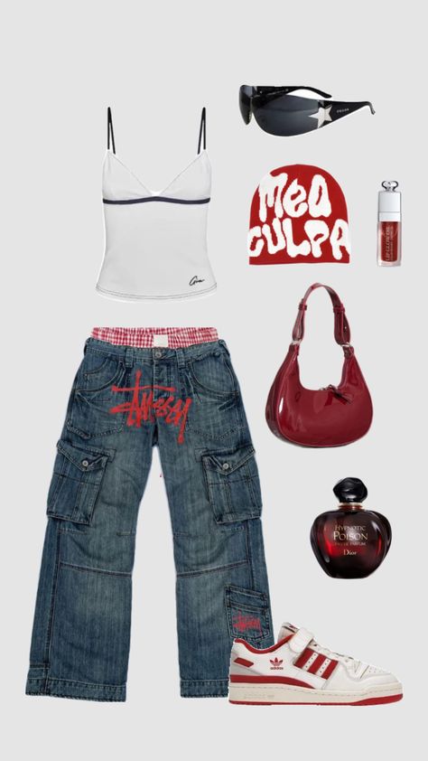 #red #stussy Stussy Outfit, Y2k Fashion Street Styles, Stussy Clothing, Street Style Outfits Casual, Baggy Jeans Outfit, Outfit Inso, Outfit Streetwear, Fasion Outfits, Streetwear Fits