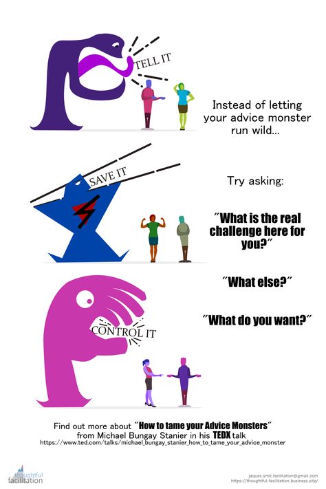 In his great TEDX talk “How to tame your inner advice monster” on overzealous advice giving, Michael Bungay Stanier names three monsters that take over when someone asks our opinion. “Tell it” “Save it” and “Control it”. I found his identification to be useful in taming these beasties. I recommend watching his talk to find out how to stay curious. https://www.ted.com/talks/michael_bungay_stanier_how_to_tame_your_advice_monster #TEDX #advicemonsters #leadership #coaching #MichaelBungayStanier Name It To Tame It, Stay Curious, Leadership Coaching, Facebook Post, Facebook Posts, When Someone, Leadership, Coaching, How To Find Out