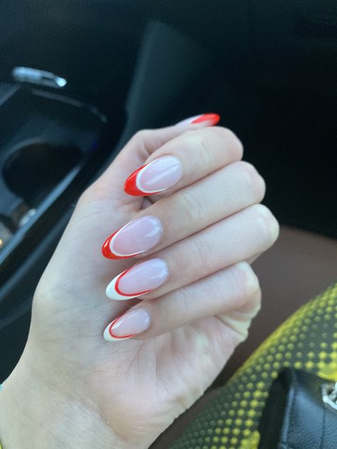 Red And White French Tip Nails Almond, Christmas Nails 2023 Almond Shape, French Red And White Nails, Holiday Nails French Tip Red, Cute White And Red Nails, Red And White Nail Inspo Acrylic, Red Base White French Tip, White And Red Almond Nails, Cute Nails Red And White