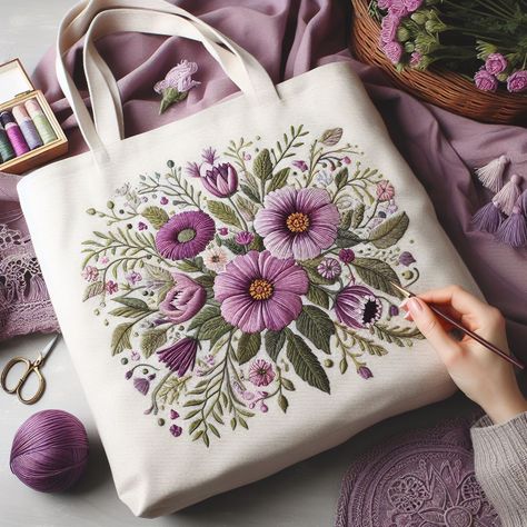 Hand Embroidery Bag, Tote Bag Embroidery Ideas, Tote Bags Design, Embroidery Handbags, Chic Purses, Fabric Painting On Clothes, Cotton Handbag, Diy Leather Bag, Embellished Bags