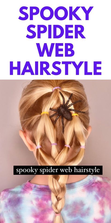 HALLOWEEN HAIRSTYLE IDEA - Spooky Spider Web Hairstyle - Here us a cute and easy Halloween hair idea for girls. Web Hairstyle, Halloween Hairstyle, Clown Hair, Halloween Hairstyles, Hair Puff, Hairstyle Idea, Spooky Spiders, Hair Idea, Hair Tutorials Easy