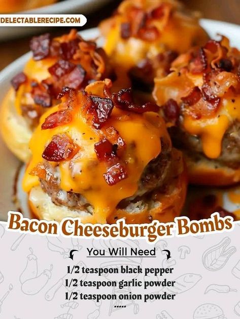 Grandma's Cooking Recipes | Bacon Cheeseburger Bombs | Facebook Bacon Cheeseburger Bombshell, Good Steak Recipes, Chili Cheese Burger, Grandma Cooking, Burger Sliders, Bombe Recipe, Appetizers Easy Finger Food, Bacon Cheeseburger, Chili Cheese